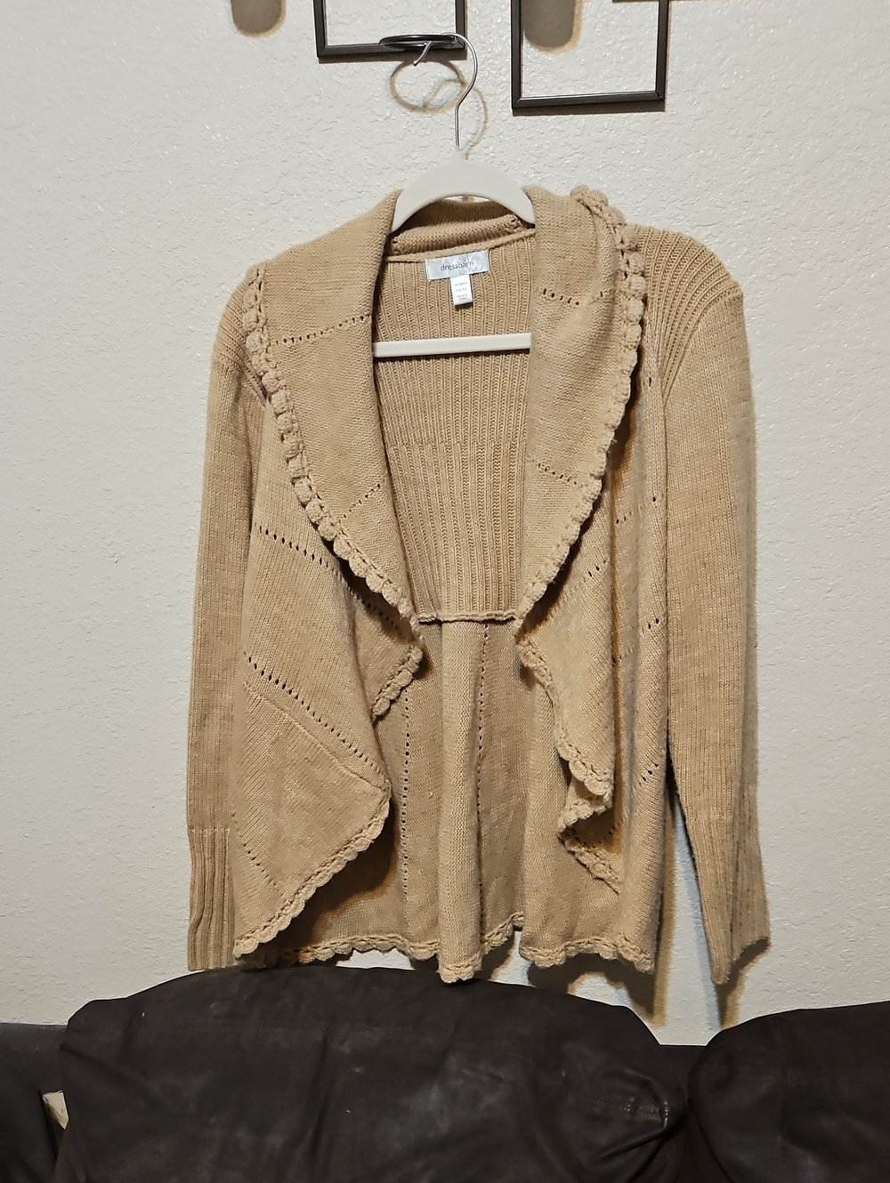 Dress Barn Beige Open-Front Ruffle Trim Cardigan